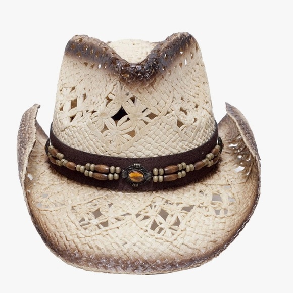 Cowboy cowgirl Cream white with Brown Straw Cowboy Hat with embellished … - Picture 2 of 4